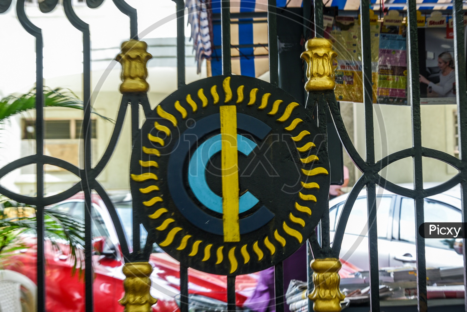 Logo of The Cricket Club of India on the entrance gate.