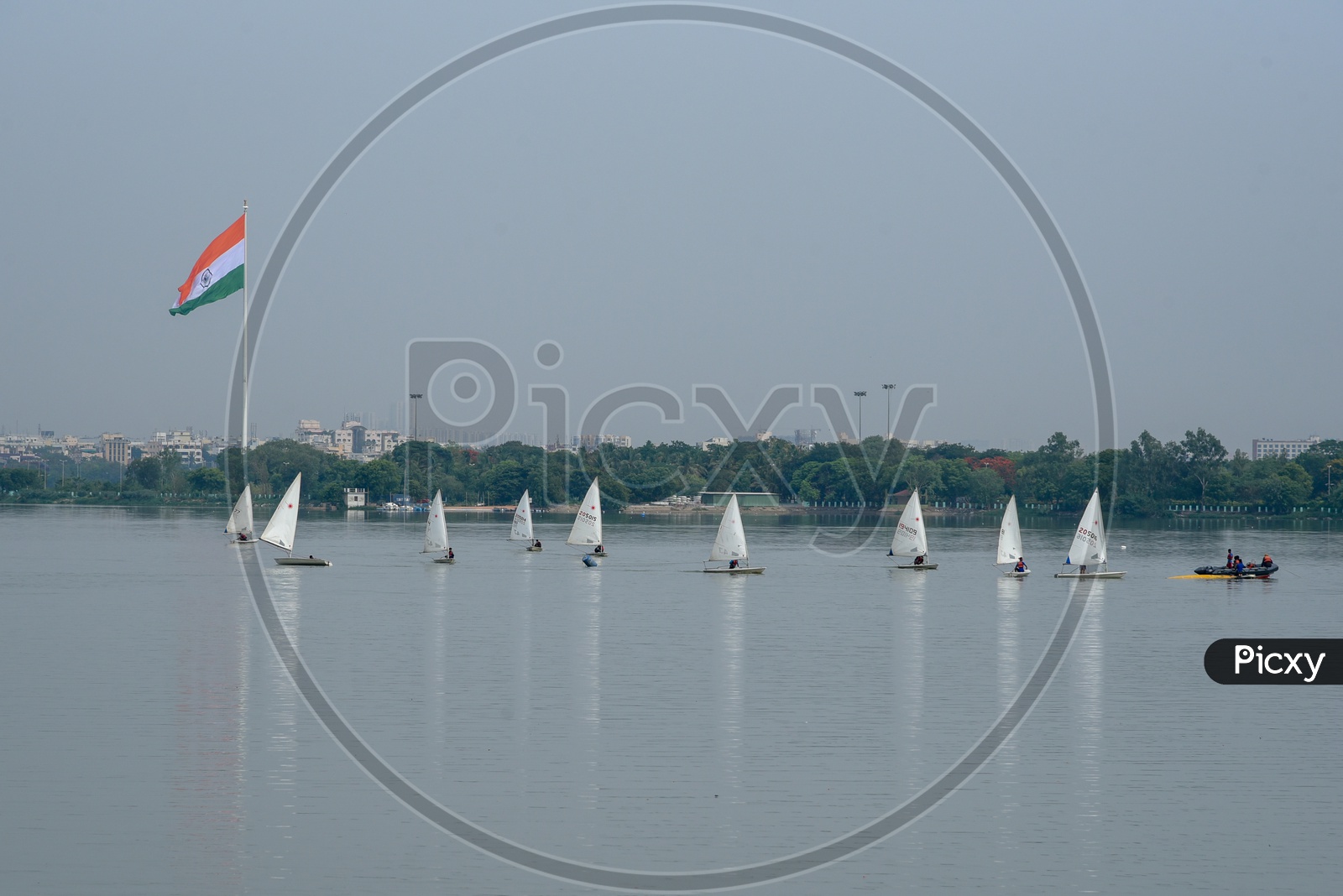 Indian Flag with sailing yacht at Hussain Sagar Lake