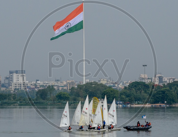 Indian Tri Color with sailing yacht at Hussain Sagar Lake