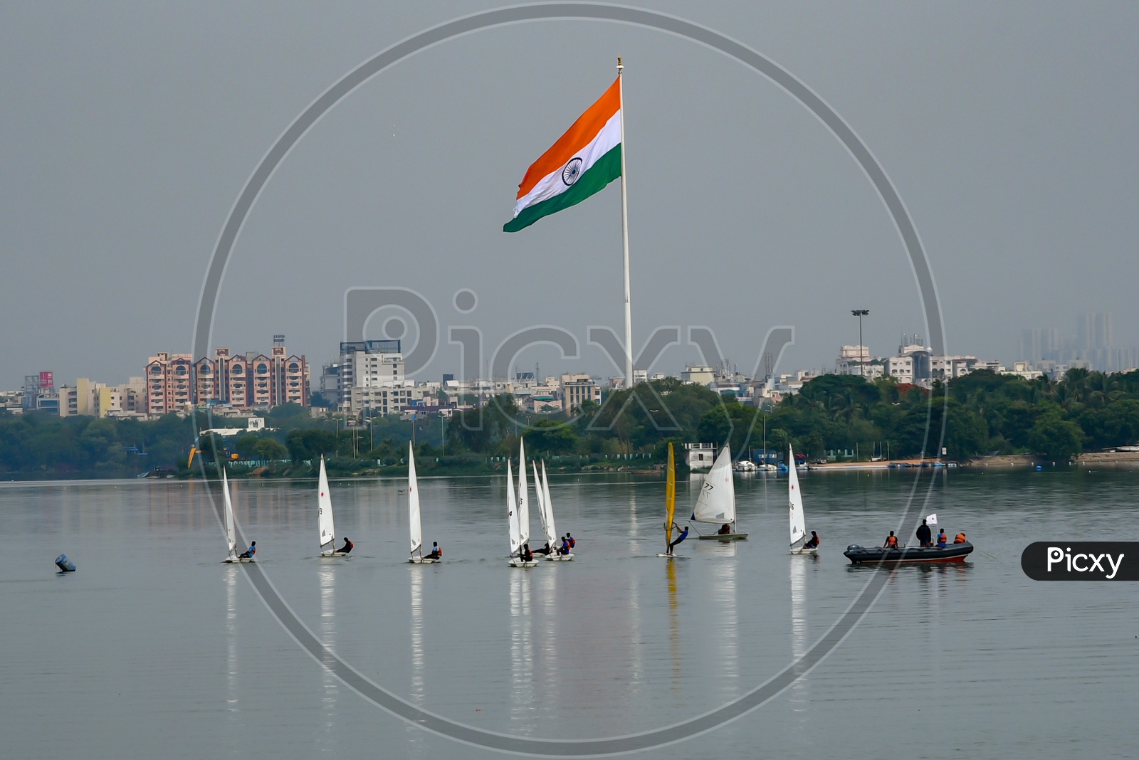 Indian Flag with sailing yacht at Hussain Sagar Lake