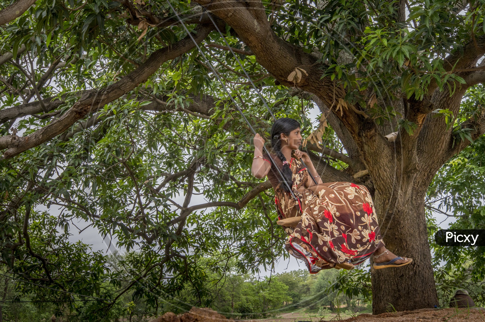 Village girl swinging on a swing made of a Tyre