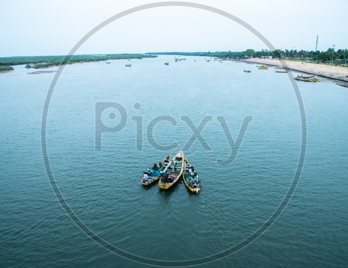 Sand extracting boats on River Krishna