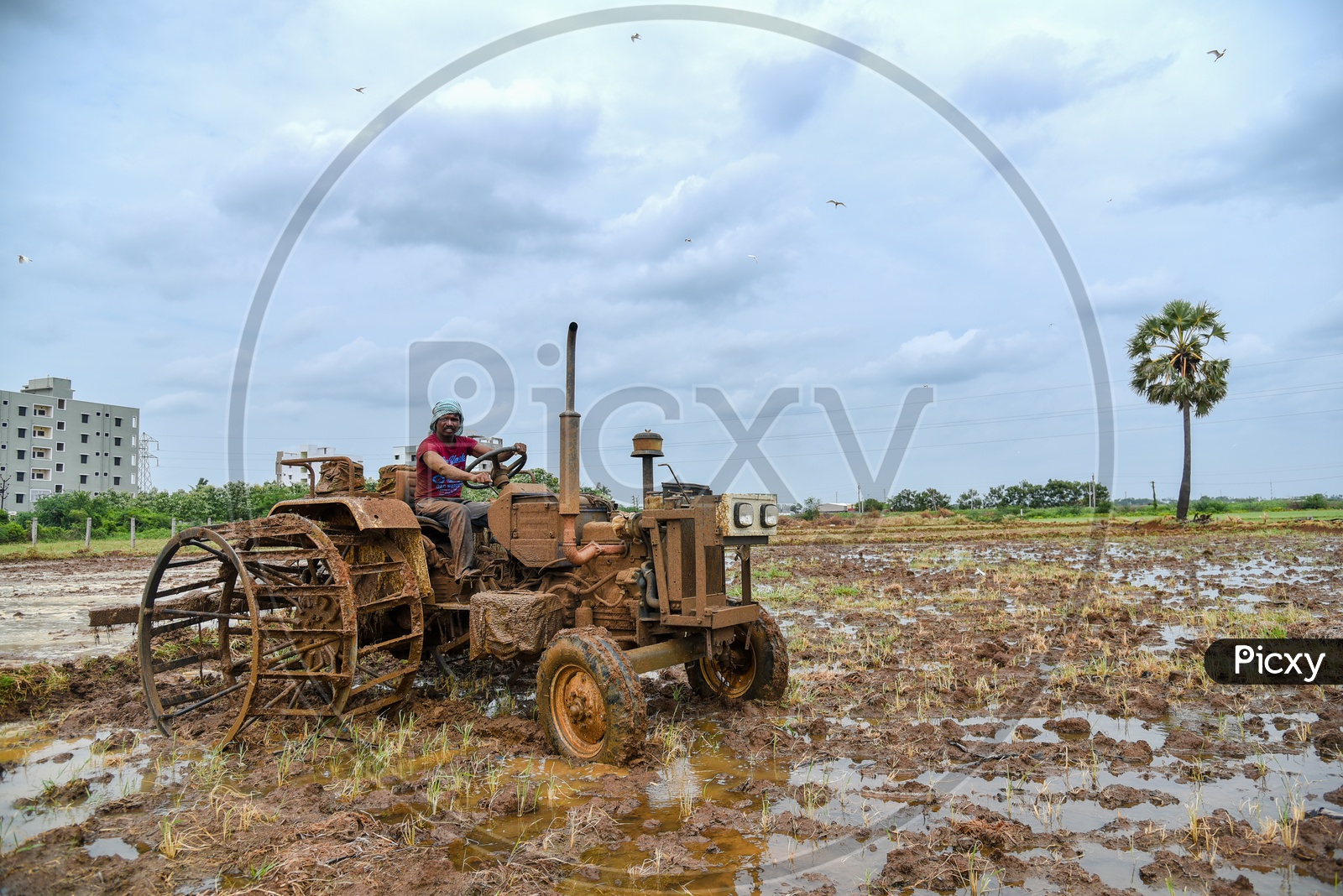 a farmer plowing/ploughing with a tractor
