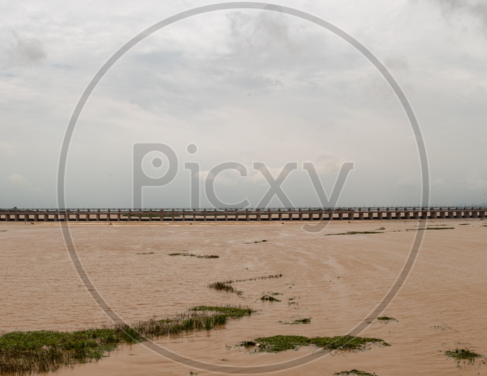 RZiver Krishna Water gushing out of Prakasam Barrage as the gates have been lifted off to release water into the sea
