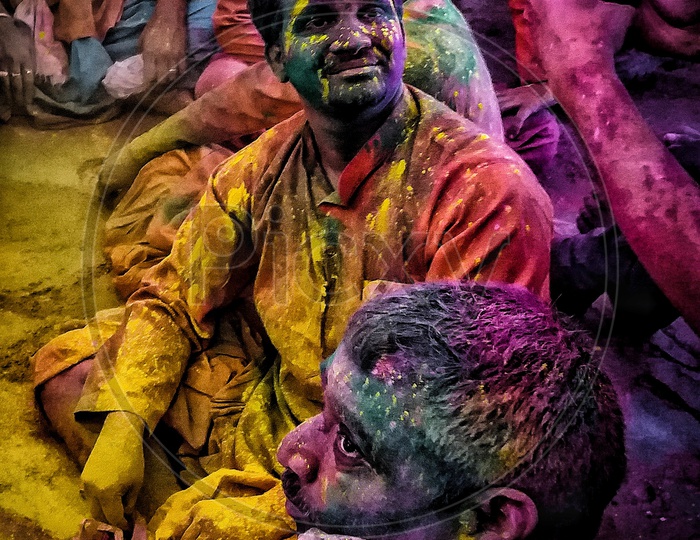 THREE HAPPY SOUL--The One who is happy to click his expression while the Holi player (second person) is happy to pose for him.this is the reason why I love the Holi in barsana, Uttar Pradesh,India