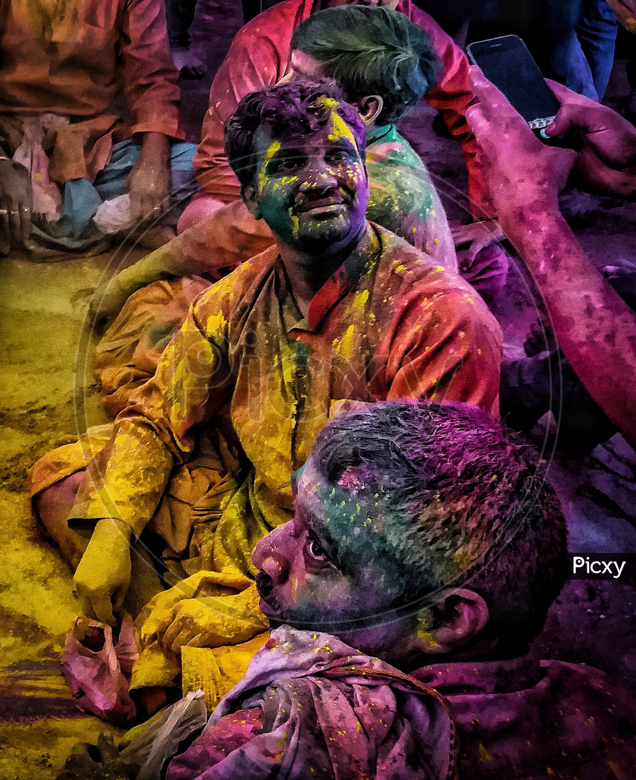 THREE HAPPY SOUL--The One who is happy to click his expression while the Holi player (second person) is happy to pose for him.this is the reason why I love the Holi in barsana, Uttar Pradesh,India