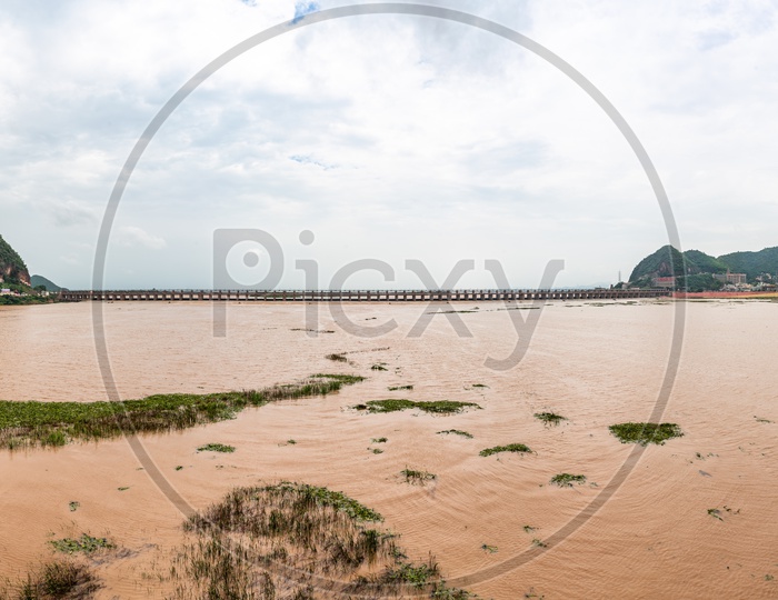 Water from Prakasam Barrage as released to the sea seen from the Railway Bridge in Vijayawada