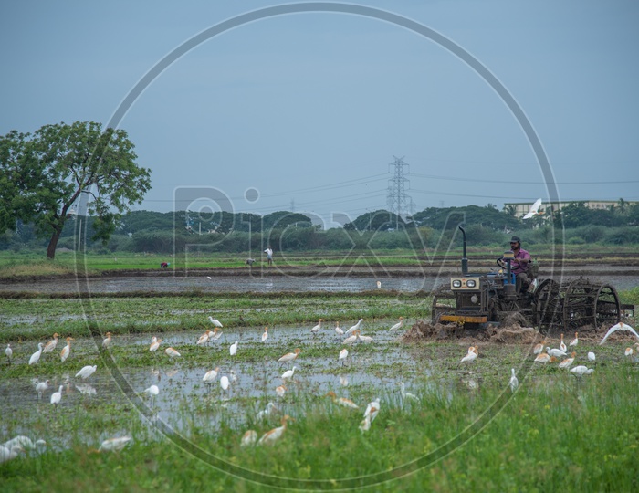a farmer ploughs his field with a tractor