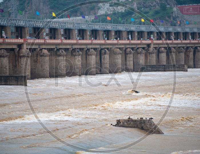 River Krishna Flowing out from Prakasam Barrage after the gates were lifted off