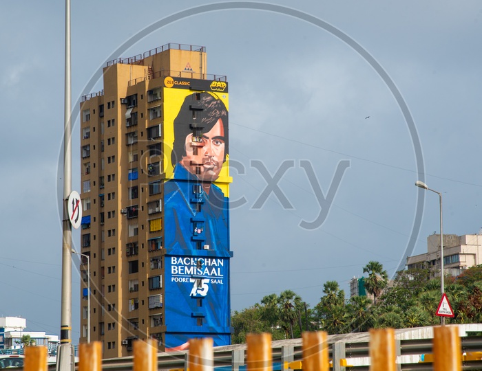 A building painted with picture of Amitabh Bachhan