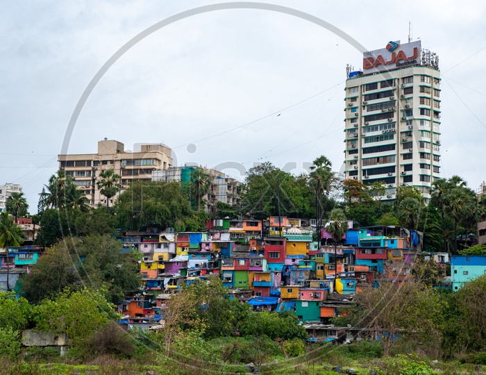Shacks amongst high rise apartments in Bandra Mount Mary Hill