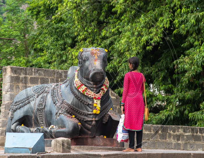 A girl offering prayers to nandi at Thousand Pillar temple