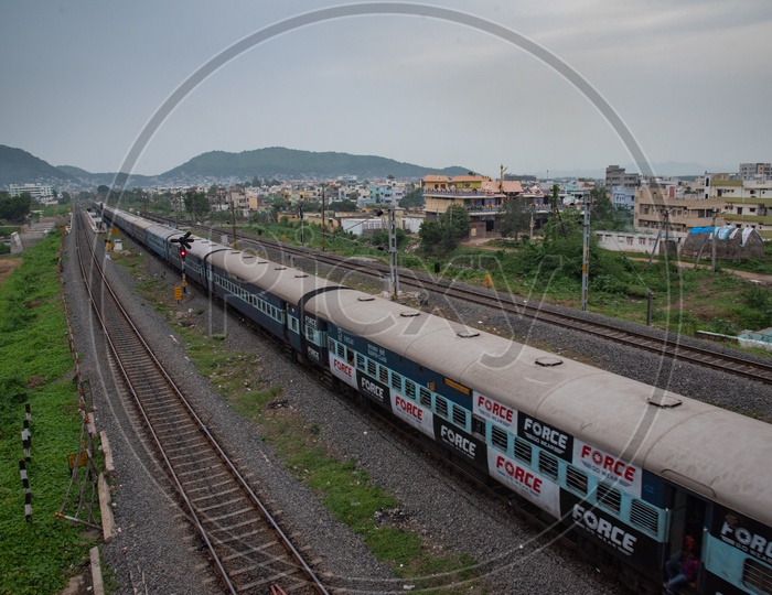 A train approaching Vijayawada from on Eluru-Vijayawada Railway Channel