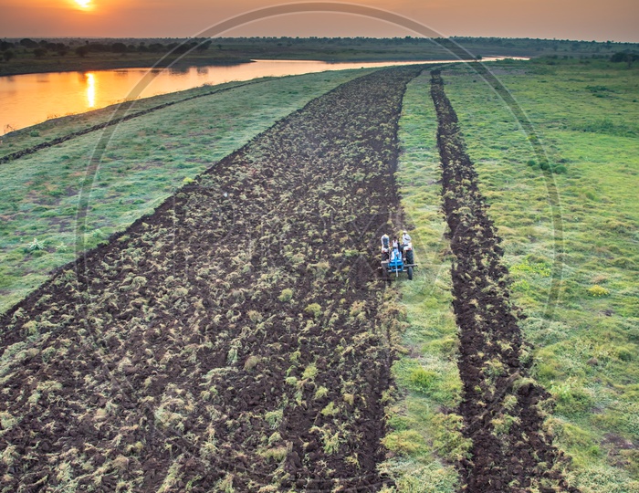 Cultivation on the banks of River Manjeera at sunset