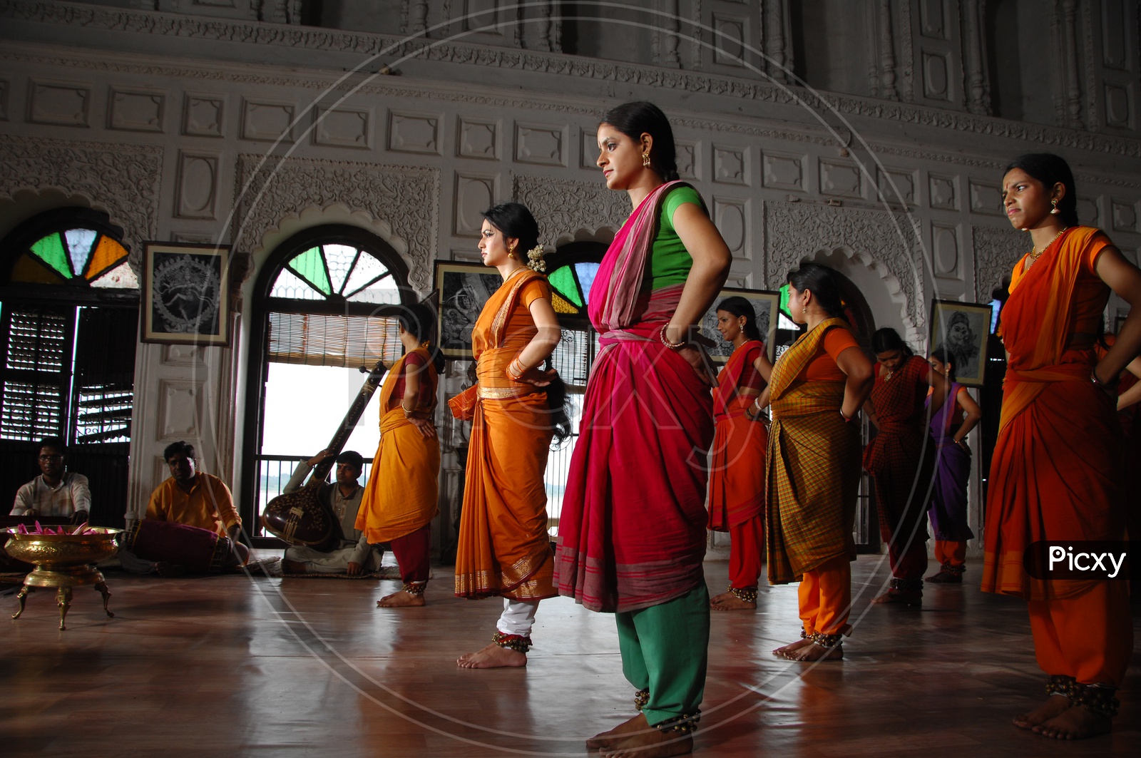 Indian Female  dancers  wearing Traditional Sarees in Movie Shooting
