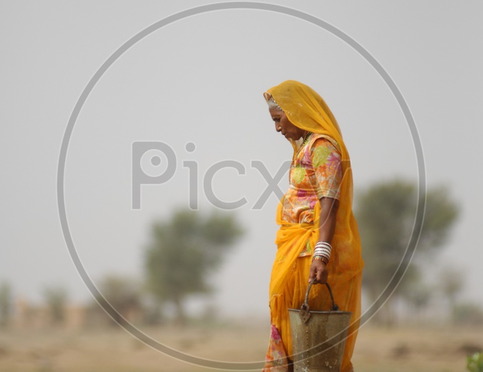 Indian Rajsthani Woman Carrying Water in Steel Bucket