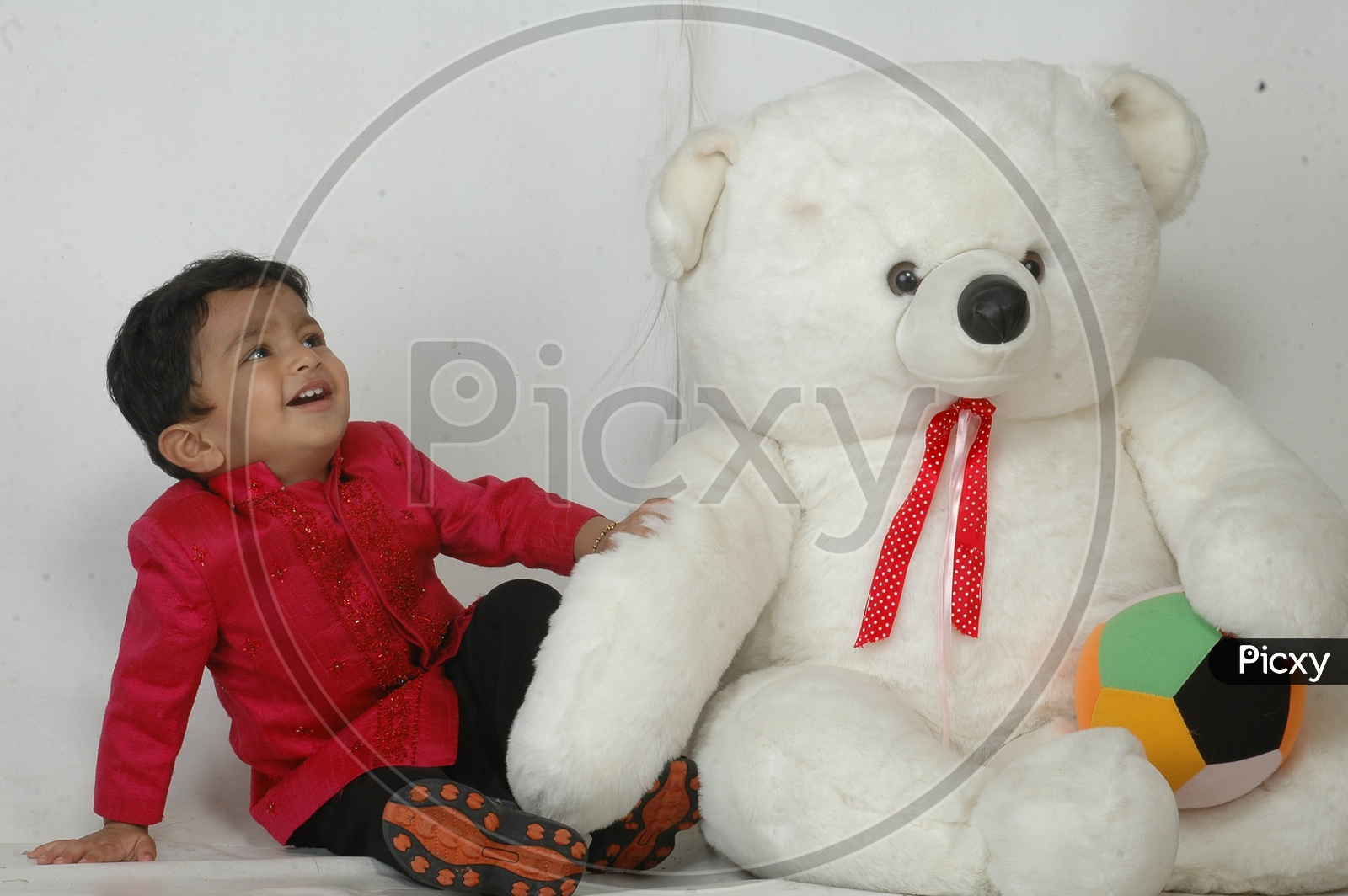 Indian Baby Boy Playing With a Teddy Bear Doll  Closeup Shot With Expressions On an Isolated White Background
