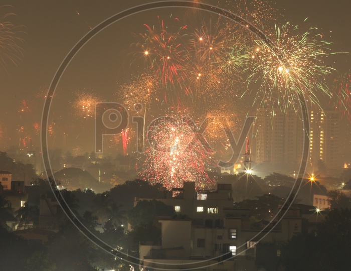 A Beautiful Long Exposure Shot Of a Diwali Crackers over a City View