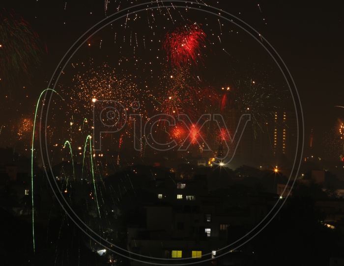 A Beautiful Long Exposure Shot Of a Diwali Crackers over a City View