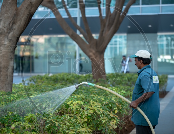 A Worker Watering The Plants in WaveRock SEZ  Building In Hyderabad