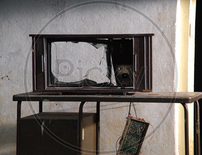 An old  Wrecked Television Set