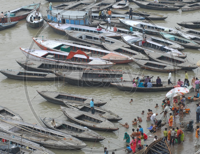 Sailing boats on the River bank of Ganga in Varanasi