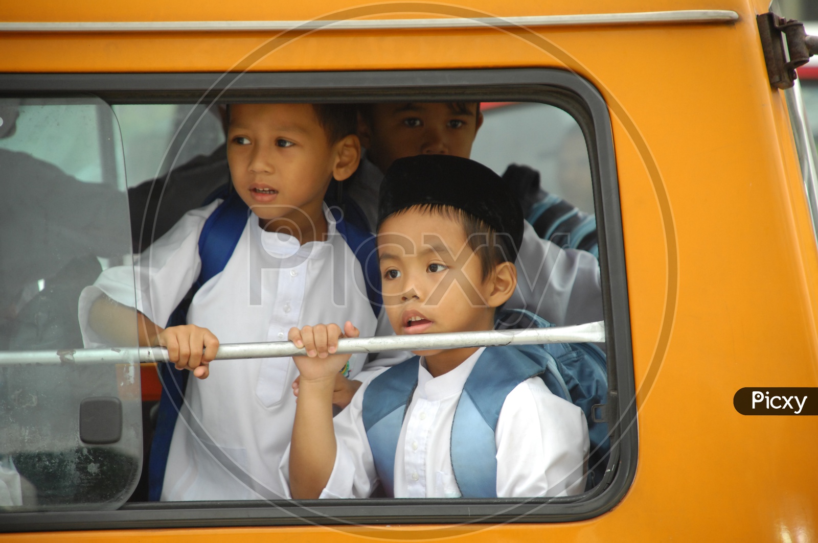School Children From School Bus Window