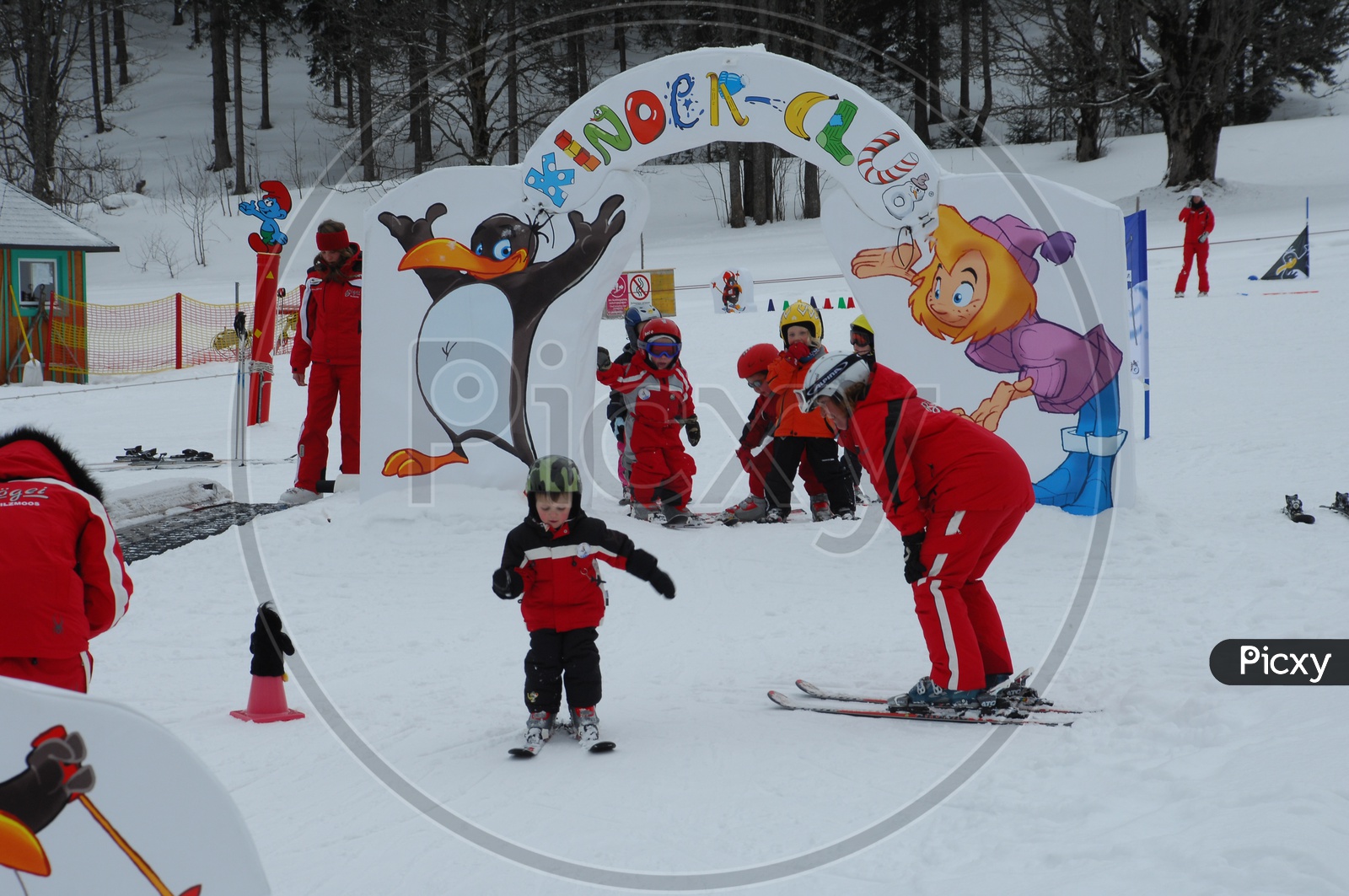 Kids Learning The Snow Skiing  in Kinder Club in Snow Of Swiss