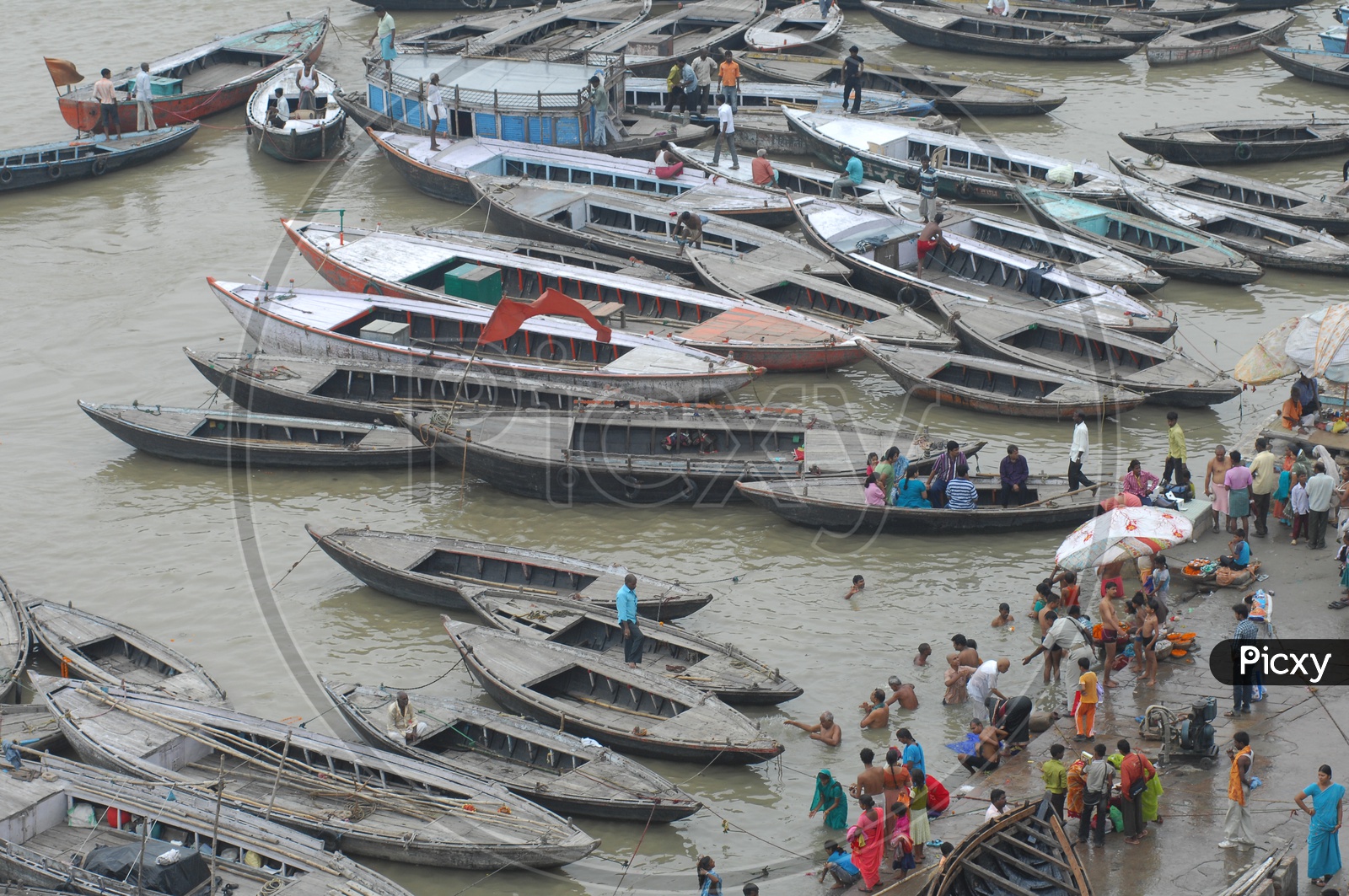 Sailing boats on the River bank of Ganga in Varanasi