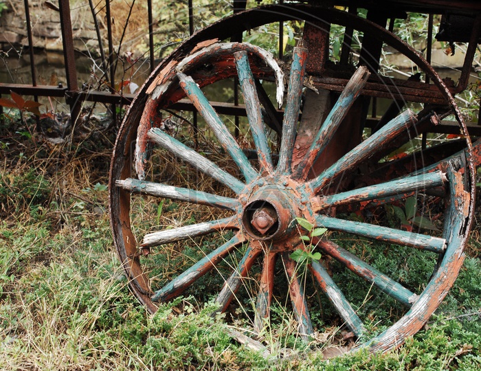 A Wrecked Wooden Cart Wheel in a Garden