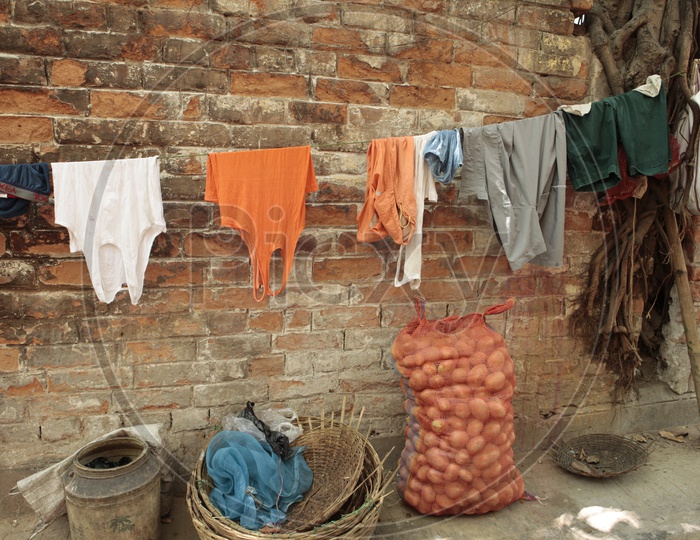 clothes on a string to dry on sun