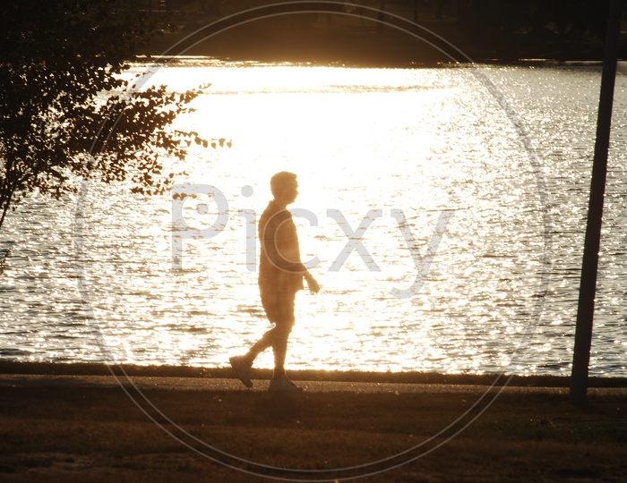 Silhouette Of a Morning Walker in a Park With Water Body in Background