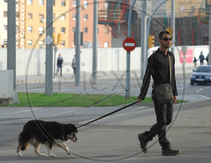 Man taking his pet dog for a walk