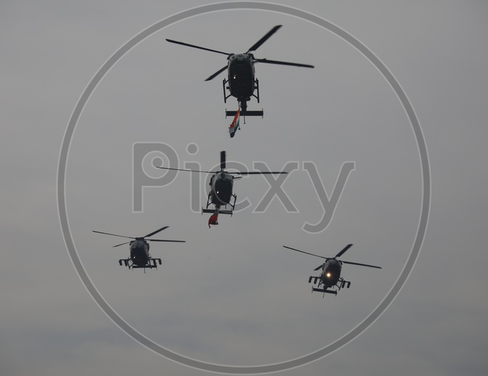 Indian Army Utility Helicopters Dhruv and Attack Helicopters Rudra Displaying National Flag