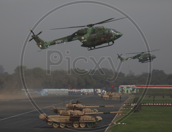 Indian Army Utility Helicopter Dhruv and Battle Tanks