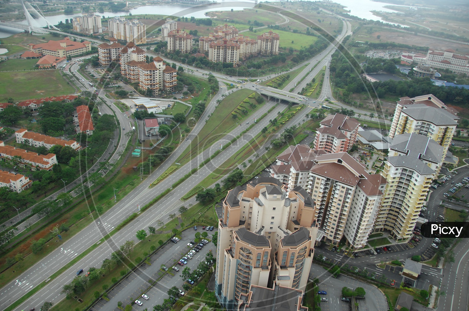 Aerial View of American Roadways  with buildings