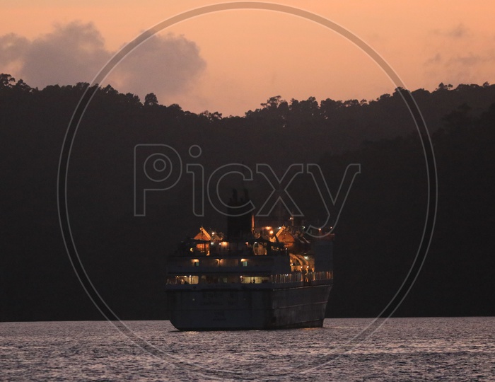 Sunset/Sunrise with a ship along the Bay of Bengal Sea