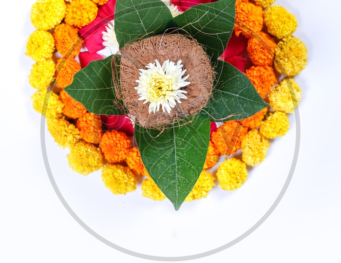 Kalisam decorated with Marigold Flower for Pooja. Indian traditions/rituals