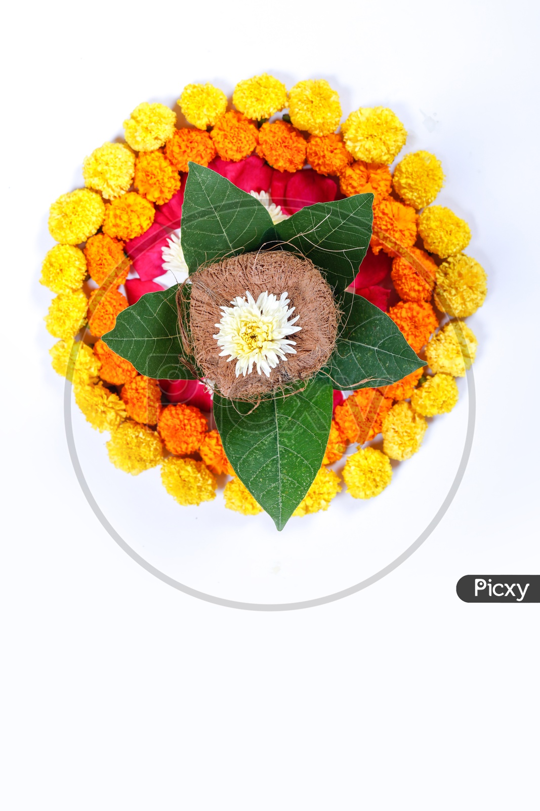 Kalisam decorated with Marigold Flower for Pooja. Indian traditions/rituals