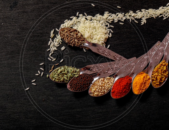 Black Mustard Seeds/avalu/Poppy Seed, Red Chilli Powder, Cumin/Jeera, Turmeric, Fenugreek/Methi/Menthi Seeds, Sesame Seeds, Cardamom - Indian Spices