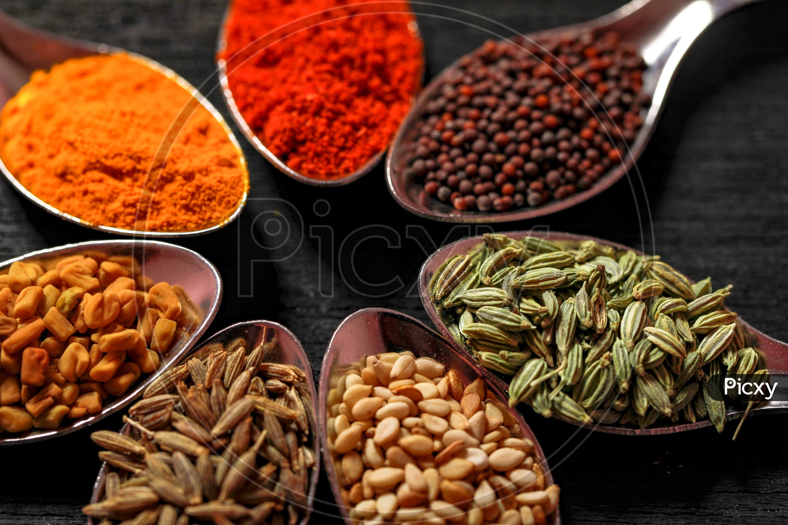 Black Mustard Seeds/avalu/Poppy Seed, Red Chilli Powder, Cumin/Jeera, Turmeric, Fenugreek/Methi/Menthi Seeds, Sesame Seeds, Cardamom, Fennel Seeds/Saunf - Indian Spices