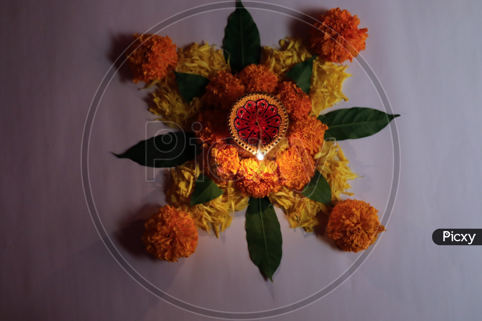 Marigold Flower Rangoli Design for Diwali, Deepavali or Dipavali Festival