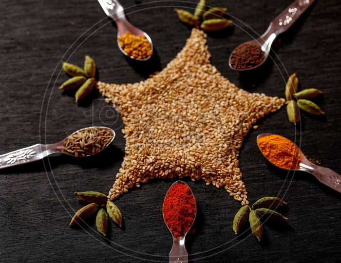 Black Mustard Seeds/avalu/Poppy Seed, Red Chilli Powder, Cumin/Jeera, Turmeric, Fenugreek/Methi/Menthi Seeds, Sesame Seeds, Cardamom - Indian Spices