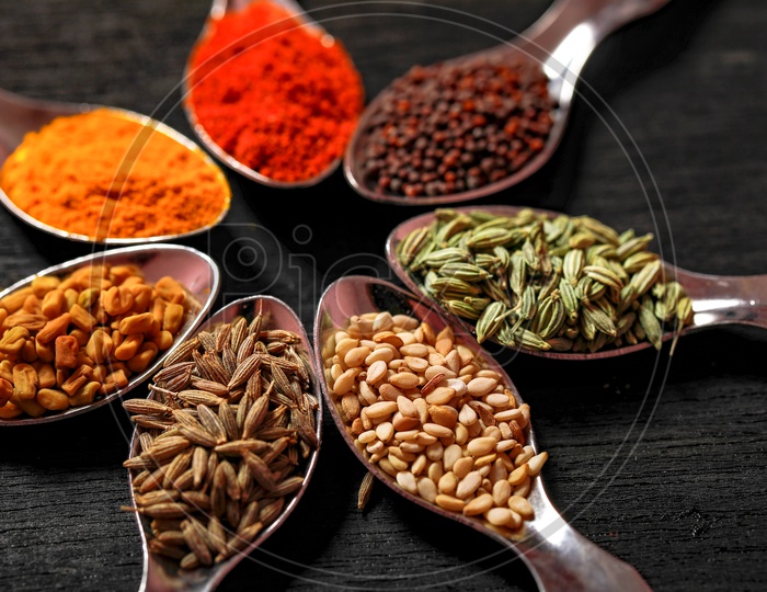 Black Mustard Seeds/avalu/Poppy Seed, Red Chilli Powder, Cumin/Jeera, Turmeric, Fenugreek/Methi/Menthi Seeds, Sesame Seeds, Cardamom, Fennel Seeds/Saunf - Indian Spices