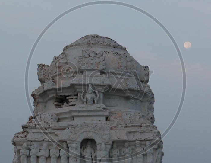 Hill Top Temple Mandapas In Hampi With Moon in Backdrop , Karnataka