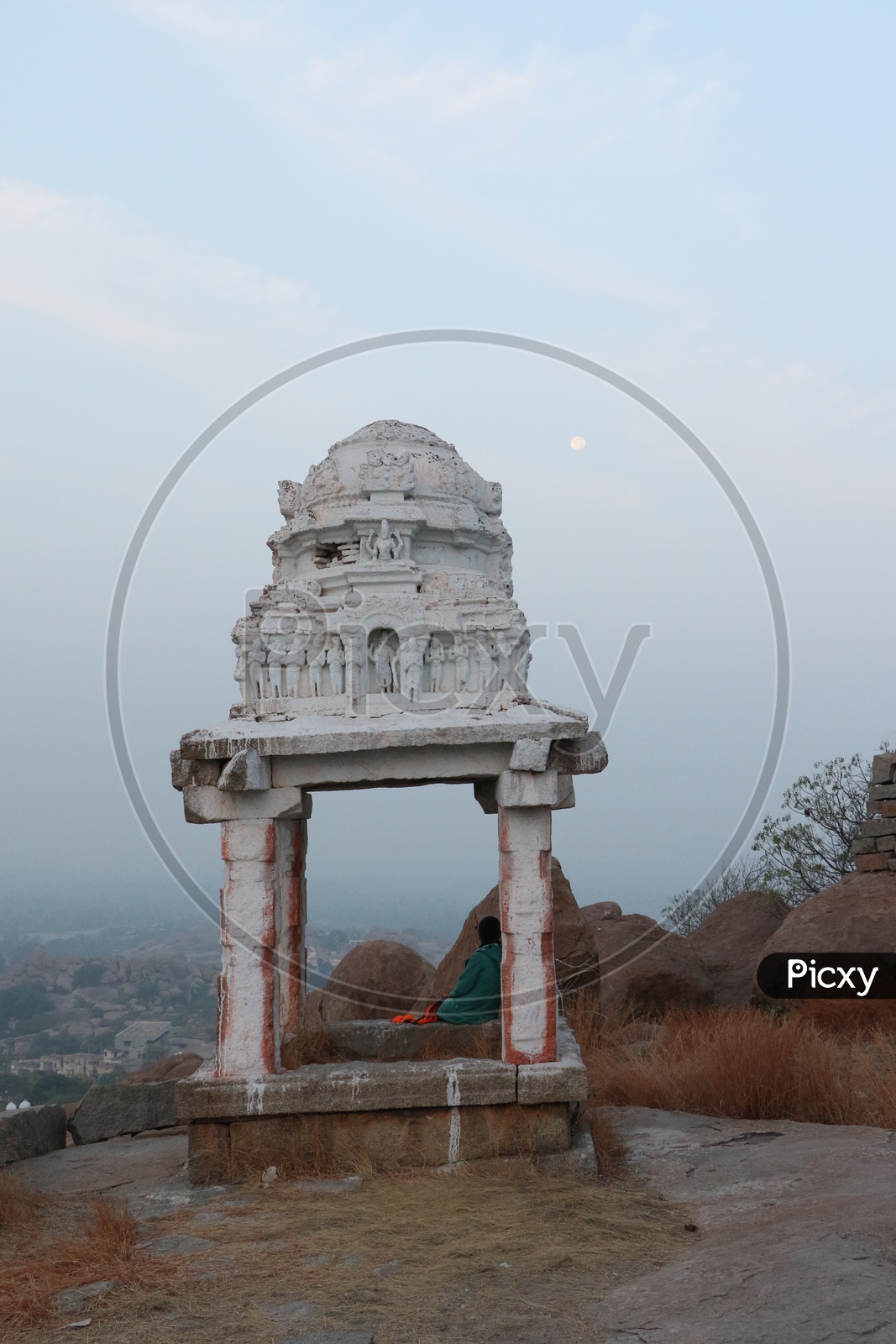 Hill Top Temple Mandapas In Hampi With Moon in Backdrop , Karnataka