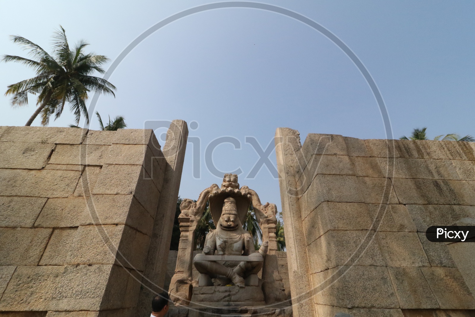 Stone sculpture Of Hindu God Lakshmi Narasimha swamy at Sri Lakshmi Narasimha Temple in Hampi , karnataka