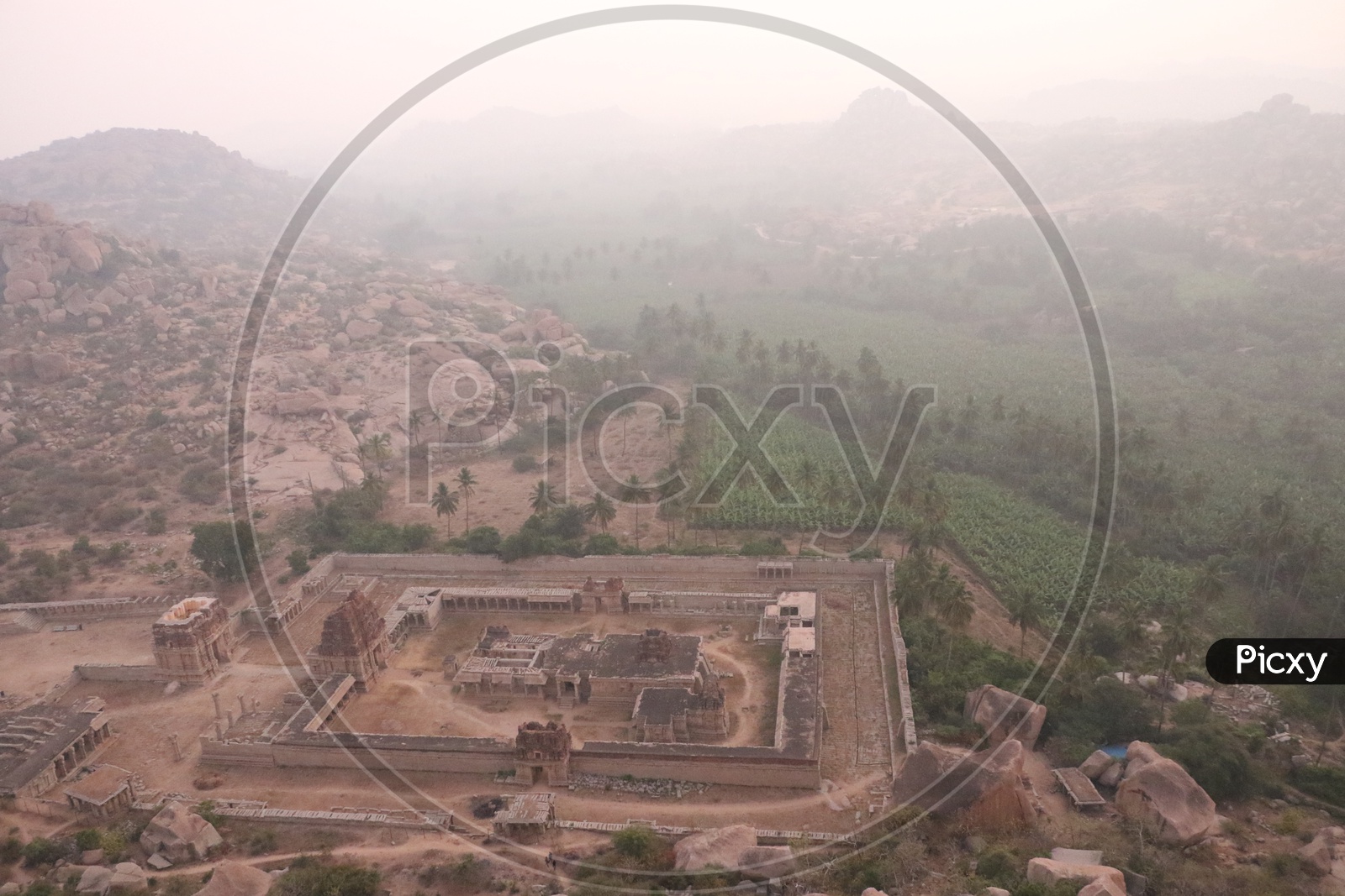 Achyuta Raya Temple in Aerial View with mountains in the Background