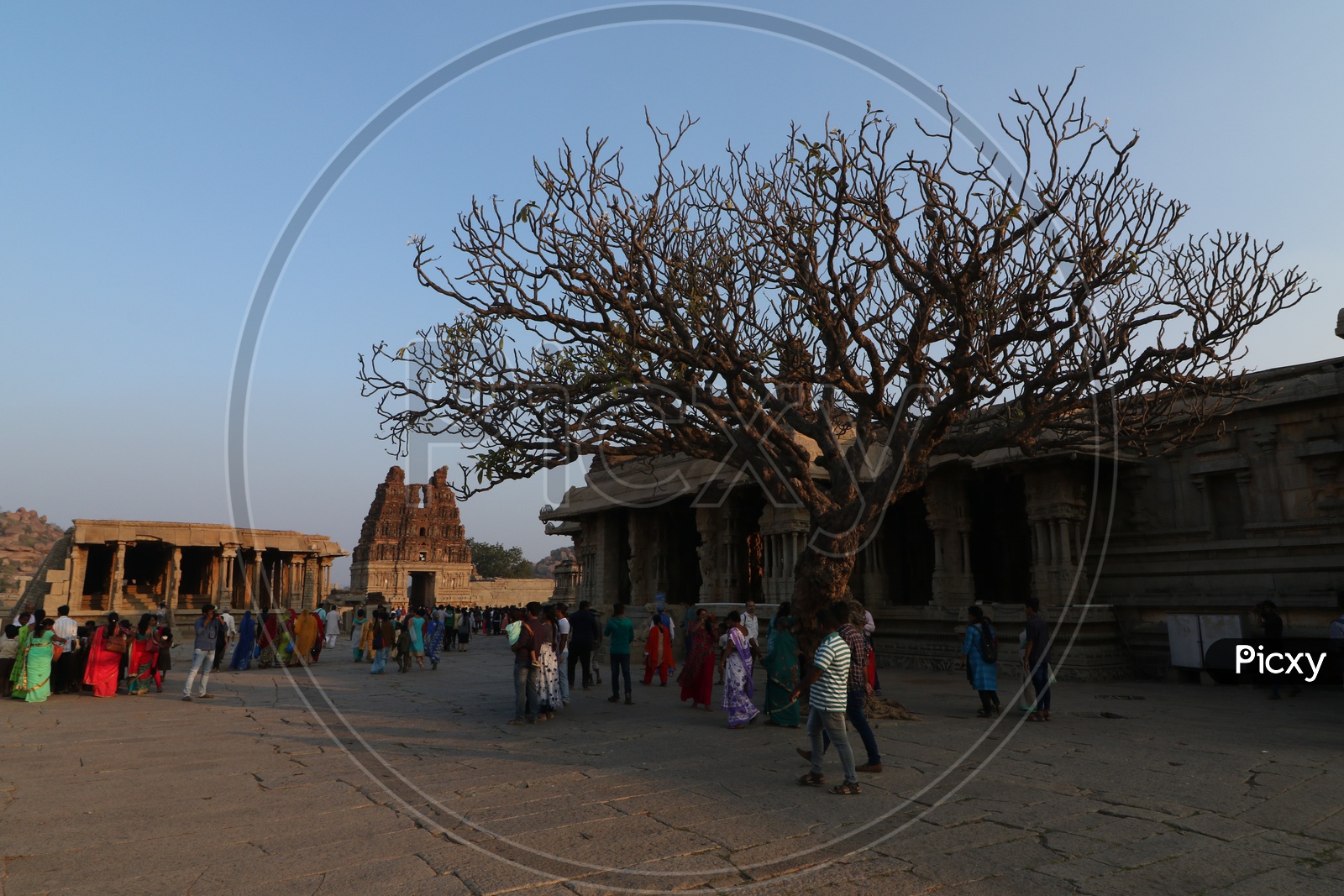 Tourists / Visitors At an  Old Ancient Dravidian Vitthala Temple in Hampi , Karnataka