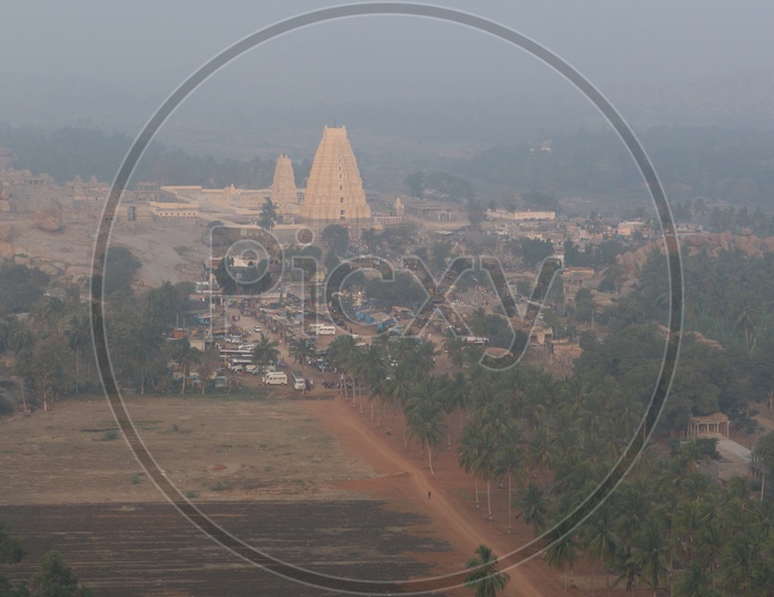 Aerial View Of Temple Shrine Of Historic Virupaksha Temple In Hampi , Karnataka